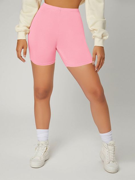 Baby Pink Sporty Collar  Polyester Plain Biker Shorts Embellished High Stretch Spring/Summer/Fall Women Bottoms Pink Activewear, Summer Shorts Outfits, Women Bottoms, Bicycle Shorts, Women Leggings, Cycling Shorts, Tailored Pants, Pocket Pants, Biker Shorts