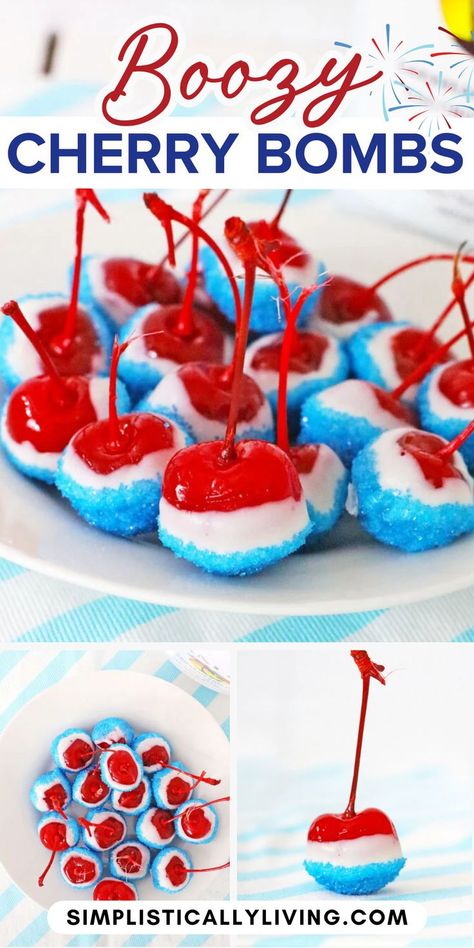 boozy cherry bombs on a plate 4th Of July Cherries Alcohol, 4th Of July Cherries, Boozy Maraschino Cherries, Marachino Cherries Alcohol, Alcohol Cherries, Alcoholic Cherries, Sugared Cherries, 4th Of July Shots, Drunken Cherries Recipe