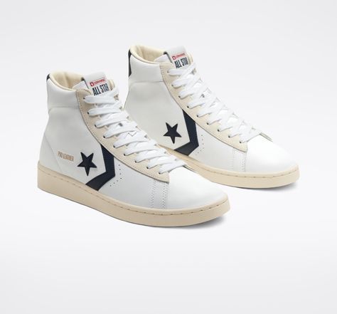 Converse Pro Leather in White/Navy - EUKICKS Pro Leather Converse, Converse Pro Leather, Shoe Converse, Dr J, Leather Converse, High Top Shoe, Fashionable Snow Boots, Custom Boots, Fresh Shoes