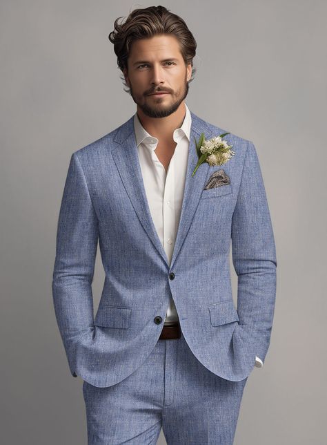 Linen Suits for Men - StudioSuits Light Suits For Men Wedding, Sky Blue Groom Suit, Blue Linen Wedding Suit, Modern Groom Suit Wedding, Light Blue Suit Groom, Dusty Blue Suit Groom, Groomsmen Light Blue, Men’s Wedding Attire, Spring Wedding Groom Attire