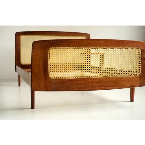 "DN" bed in solid mahogany and nylon cane by Roger Landault for Roset, France 1960. The bedside table is placed on the right side, the rounded line combines the warm color of mahogany with the yellow cannage. The dimensions of the box spring (not supplied) are 195/101 cm. I have official proof of authenticity such as vintage catalogs,   designer records,   or other literature sources and take full responsibility for any authenticity issues arising   from   misattribution Weird Bed Frames, Bedside Table Vintage, Mcm Bed, 1960 Interior Design, Cool Bed Frames, 70s Inspired Bedroom, Rehab House, Modern Eclectic Home, Japanese Bed