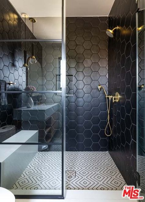 Black Gold Tile Bathroom, Dark Shower Bathroom Ideas, Bathroom Decor Ideas Simple Master Bath, Black Hexagon Shower Wall, Black Hexagon Tile Bathroom Wall, Black Accent Shower Wall, Black Herringbone Shower Tile, Black Octogon Tiles Bathroom, Black Tile Wet Room