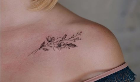 Collar Bone Flower Tattoos For Women, Wildflower Tattoo Collar Bone, Flower Tattoo On Collar Bone, Collar Bone Tattoo Flower, Flower Tattoo Collar Bone, Collar Bone Flower Tattoo, Flower Collar Bone Tattoo, Bird And Flower Tattoo, Clavicle Tattoo