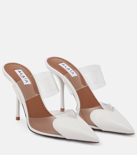 Cœur patent leather and PU mules in white - Alaia | Mytheresa Alaia Heels, Lipstick Bag, Chain Strap Bag, Blue Pumps, Floral Shoes, Polyvinyl Chloride, White Heels, Mary Jane Flats, Pointed Toe Shoes