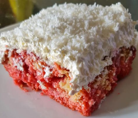 Raspberry Zinger Poke Cake Zinger Poke Cake, Zinger Cake, Raspberry Zinger Cake, Raspberry Zinger Poke Cake, Raspberry Zinger, Coconut Poke Cake, Poke Cake Recipe, Cream Cheese Danish, Raspberry Coconut