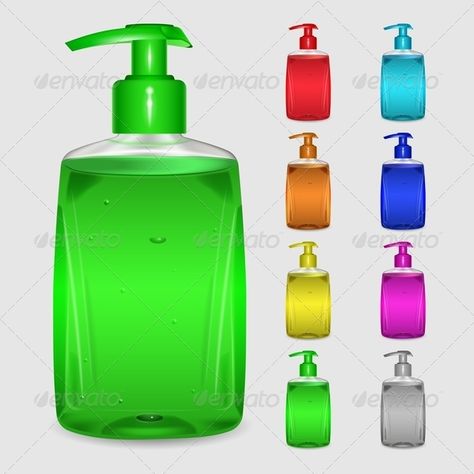 Set of multicolored bottles of liquid soap on white background. Vector illustration, fully editable, vector objects separated and Liquid Soap Label Design, Soap Label Design, Soap Manufacturing, Liquid Soap Making, Detergent Bottles, Soap Labels, Liquid Hand Soap, Liquid Soap, Cool Names