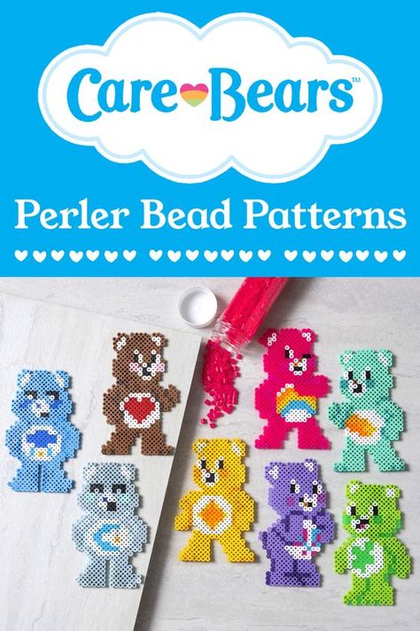 Care Bear Perler Beads (20+ Free Patterns!) #BeadingPatterns #BeadingPatternsFree #BeadingPatternsFreeTutorials Perler Bead Care Bears, Care Bear Perler Beads Pattern, Care Bear Crafts, Care Bear Perler Beads, Bear Perler Beads, Kawaii Perler Bead Patterns, Kids Crafts Summertime, Perler Designs, Miyuki Beads Pattern