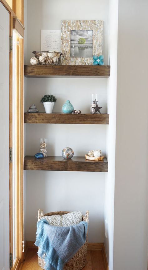 IHeart Organizing: An Epic High/Low Challenge Recap Entry Nook, Alcove Shelving, Rustic Floating Shelves, Floating Shelves Diy, Room Shelves, Powder Rooms, Estantes Flotantes, Diy Bathroom Decor, Bath Room