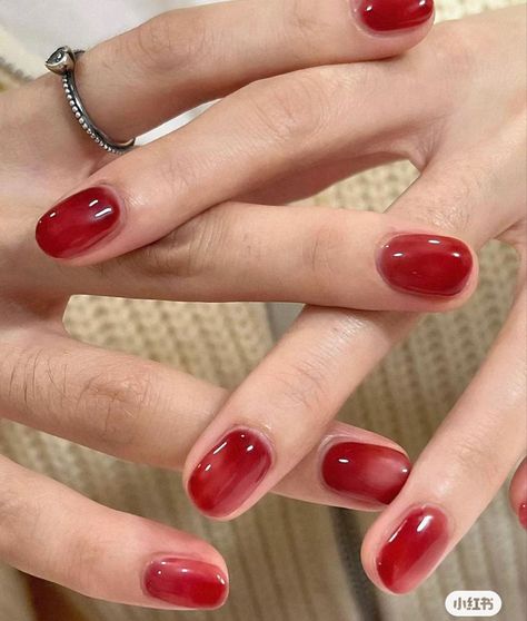 Cherry Nails Korean, Jelly Nails Red Korean, Red Jelly Gel Nails, Red Milky Nails, Deep Red Jelly Nails, Red Jelly Nails Short, Cherry Red Jelly Nails, Cherry Jelly Nails, Autumn Jelly Nails