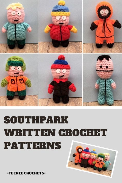 6 Southpark Crochet Patterns Crochet pattern by Teenie Crochets South Park Crochet Pattern, South Park Crochet, Canadian Guys, Written Crochet Patterns, Crochet Pattern Written, Crochet Pattern Christmas, Snowman Pattern, Crochet Embroidery, Snowmen Patterns