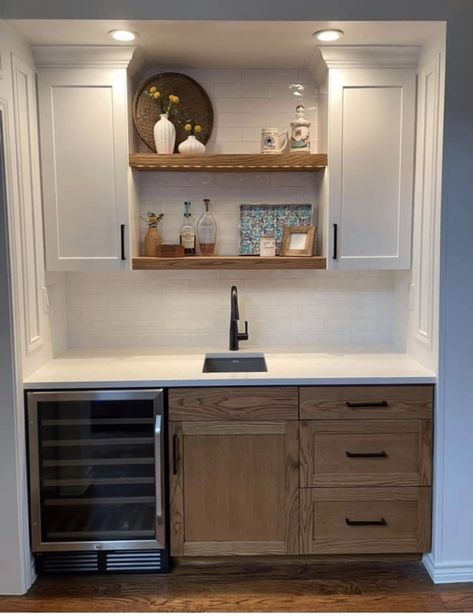 Wet Bar Ideas In Living Room, Bar With Floating Shelves, Basement Wet Bar Ideas, Wet Bar Cabinets, Small Basement Kitchen, Wet Bar Basement, Basement Wet Bar, Wet Bar Designs, Coffee/wine Bar