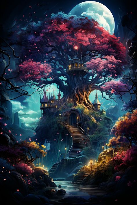 Fantasy Background Magic Scenery, Big Tree Drawing, Fantasy Landscape Art, Fantasy Artwork Landscape, Magical Illustration, Forest Enchanted, Ethereal Forest, Mystic Backgrounds, Mystical Nature