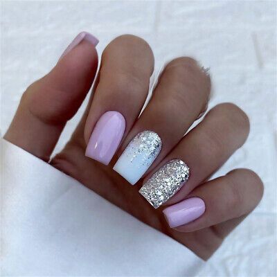 Nails Acrylic Powder, Easy Birthday Nails, Pale Purple Nails With Design, Wedding Nails Purple And Silver, Lavender White And Silver Nails, Purple And White Nail Designs, Purple White Nails, Light Purple And Silver Nails Acrylic, Light Purple With Glitter Nails