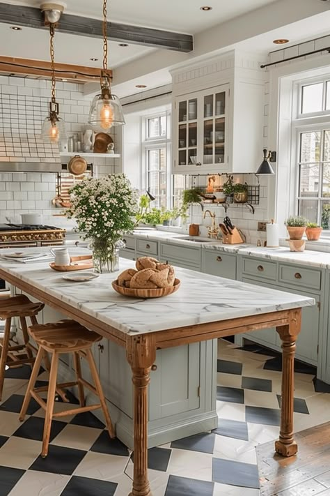 Modern Kitchen Flooring Ideas, Farmhouse Traditional Kitchen, Modern Country Interior Design, Colorful Farmhouse Decor, Open Kitchen Dining And Living Room, Modern French Kitchen, Kitchen Colors Ideas, Modern French Country Kitchen, Countertops Farmhouse