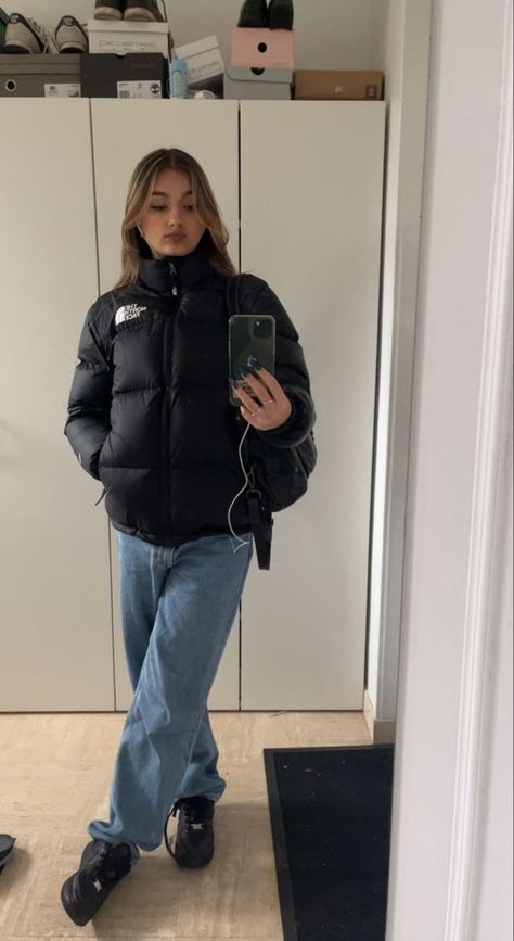 How to Wear Nike Air Force 1's? | Af1 Care Tips & Hacks Black North Face Outfit, The North Face Puffer Jackets, Outfit With North Face Jacket, Black Airforce Outfit Woman, The North Face Nuptse Outfit, Tnf Jacket Outfit, Black Airforce Outfit, North Face Outfits Women, Black Airforce 1 Outfits