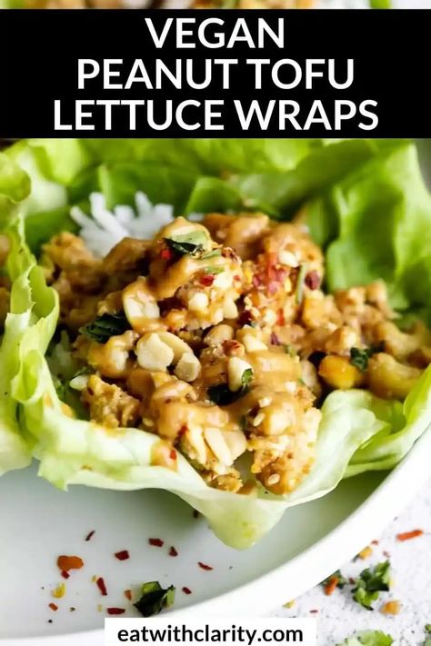 These vegan peanut tofu lettuce wraps are easy to make, high in protein and perfect for a healthy dinner or light lunch. These gluten free lettuce wraps are healthy, vegetarian and taste like PF Changes lettuce wraps! Gluten Free Lettuce Wraps, Wraps Dinner, Peanut Sauce Tofu, Tofu Lettuce Wraps, Peanut Tofu, Vegan Lettuce Wraps, Quick Vegetarian Dinner, Dairy Free Pasta, Tofu Recipes Vegan