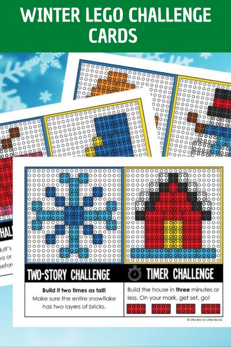 Free Lego Challenge Cards, Lego Winter Ideas, Winter Lego Challenges, Lego Task Cards Free Printable, Lego Task Cards, Lego Challenge Cards Free Printable, Lego Building Cards, Lego Printable Free, Steam Bins