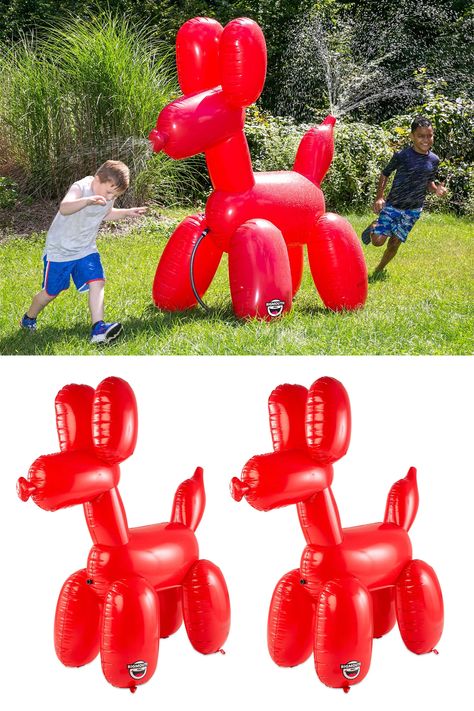 A massive 6 foot tall inflatable balloon dog with refreshing water sprayers on the head and tail to help beat the heat during the sweltering dog days of summer. Dog Sprinkler, Note Taking Tips, Blowing Up Balloons, Dog Pool, Dog Days Of Summer, Refreshing Water, Inflatable Toy, Heads And Tails, Giant Inflatable