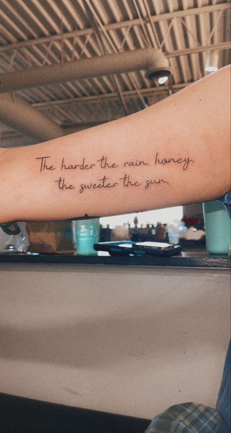 Quote Tattoo On Bicep Women, Western Tattoos Quotes, Country Saying Tattoos, Saying Tattoos For Women Forearm, Tattoos For Hardship, Western Tattoo Sayings, Unique Western Tattoos For Women, Inner Bicep Tattoo Women Quotes, Girly Western Tattoos