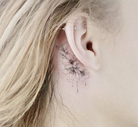 Flower Tattoo Ear, Apple Blossom Tattoos, Back Ear Tattoo, Marigold Tattoo, Violet Tattoo, Tiny Flower Tattoos, Behind Ear Tattoos, Sakura Tattoo, Magnolia Tattoo