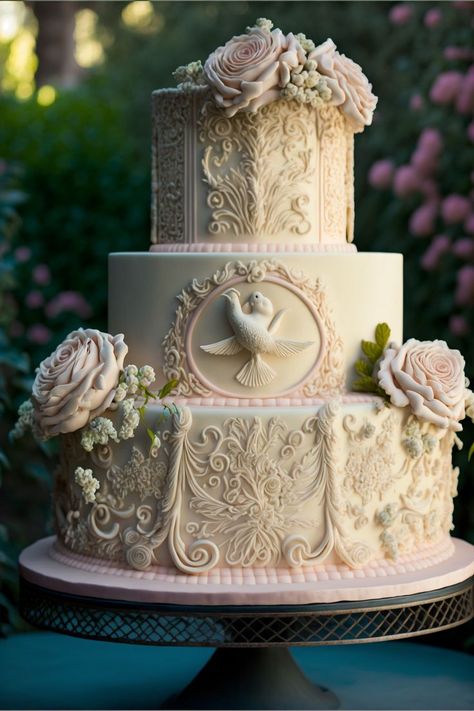 A romantic whimsical three-tier wedding cake with light and fluffy vanilla cake and romantic buttercream frosting. The top tier is decorated with a whimsical sugar topper depicting a couple in a romantic pose. The second and third tiers feature delicate piped designs in soft pastel colors. Barn Wedding Cakes, Fluffy Vanilla Cake, Victorian Cakes, 4 Tier Wedding Cake, Ivory Wedding Cake, Royal Cakes, Fondant Cake Designs, Big Wedding Cakes, Beautiful Cake Designs