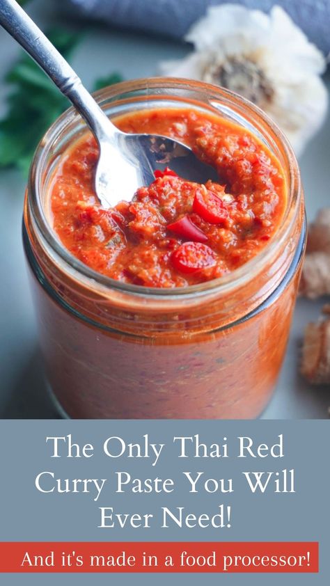 Deep red Thai curry paste filled with lemongrass, ginger, garlic, and the perfect amount of curry spices. It’s effortless. It’s made in a food processor! #thaicurry #thaifoodrecipes #spicyfoodrecipes #redthaicurrypaste #redthaicurry Red Curry Paste Recipe, Asian Curry, Healthy Pad Thai, Curry Paste Recipe, Thai Red Curry Paste, Healthy Thai Recipes, Red Curry Sauce, Noodles Recipes, Thai Curry Paste