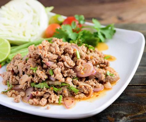 Thai Laab Recipe, Crispy Thai Laab Meatballs, Chicken Larb Recipes Thai, Larb Recipe Thai, Thai Chicken Larb Recipe, Larb Recipe Thai Pork, Laab Recipe, Larb Moo, Pork Larb