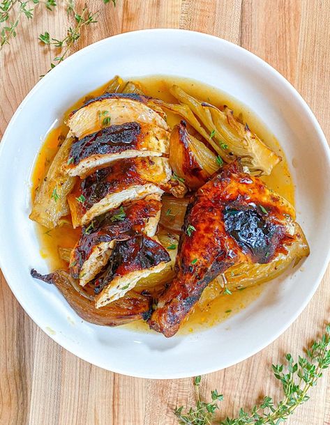 Hot Honey Butter Roast Chicken with Cider Braised Shallots and Fennel - Wishbone Kitchen Braised Shallots, Wishbone Kitchen, Hot Honey Butter, Honey Butter Chicken Biscuit, Chicken Fennel, Chicken Biscuits, Honey Butter Chicken, Cozy Dinners, Baked Ribs