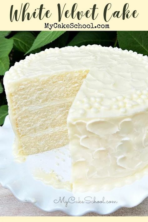 White Velvet Cake | My Cake School Puerto Rican Birthday Cake, White Cake Mix Recipes, White Velvet Cake Recipe, Dense Cake, White Velvet Cake, My Cake School, Homemade White Cakes, White Velvet Cakes, Gluten Free Vanilla Cake