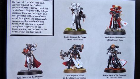 Include Battle Sister paint/ color schemes of the Orders of Sacred Rose, Bloody Rose, Argent Shroud (?), Ebon Chalice, and Valorous Heart Order Of The Valorous Heart 40k, Order Of The Sacred Rose 40k, Argent Shroud, Adepta Sororitas, Paint Color Schemes, Paint Schemes, Paint Ideas, Crusades, Paint Color