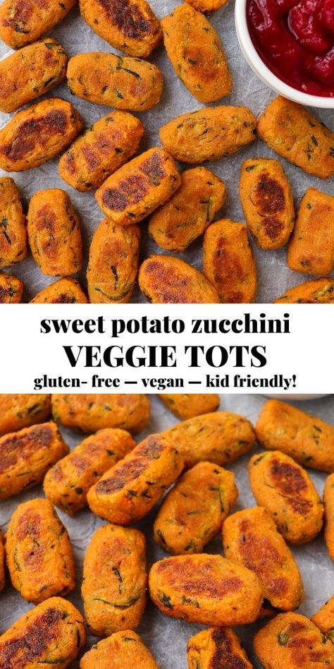 These healthy baked sweet potato zucchini tots are the perfect kid friendly vegetable recipe. Made with just 3 key ingredients, these baked veggie tots are also nut free, paleo and vegan! #tots #kidfriendly #healthysnack Veggie Tots, Sweet Potato Zucchini, Potato Zucchini, Zucchini Tots, Weaning Foods, Easy Baby Food Recipes, Healthy Baby Food, Baby Led Weaning Recipes, Weaning Recipes