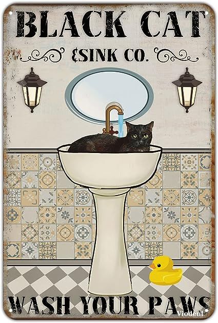 Amazon.com: Black Cat Decor Vintage Metal Tin Signs Sink Co. Bathroom Wash Your Paws Tin Signs Funny Bar Club Cave Home Kitchen Wall Decor Rustic Art Sign 12x8 Inches : Home & Kitchen Cat On A Hot Tin Roof Poster, Cat Bathroom Art, Rustic Kitchen Wall Decor, Black Cat Poster Wall Art, Black Cat Bathroom Art, Black Cat Decor, Black Cat Shower Curtain, Cave House, Vintage Bathroom