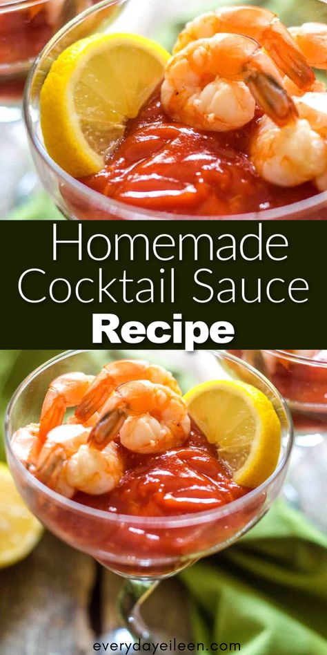 A pinterest pin for homemade cocktail sauce. Poached Shrimp, Homemade Cocktail Sauce, Cocktail Sauce Recipe, Healthy Sauces, Burger Meat, Shrimp Sauce, Homemade Condiments, Seafood Appetizers, Cocktail Sauce