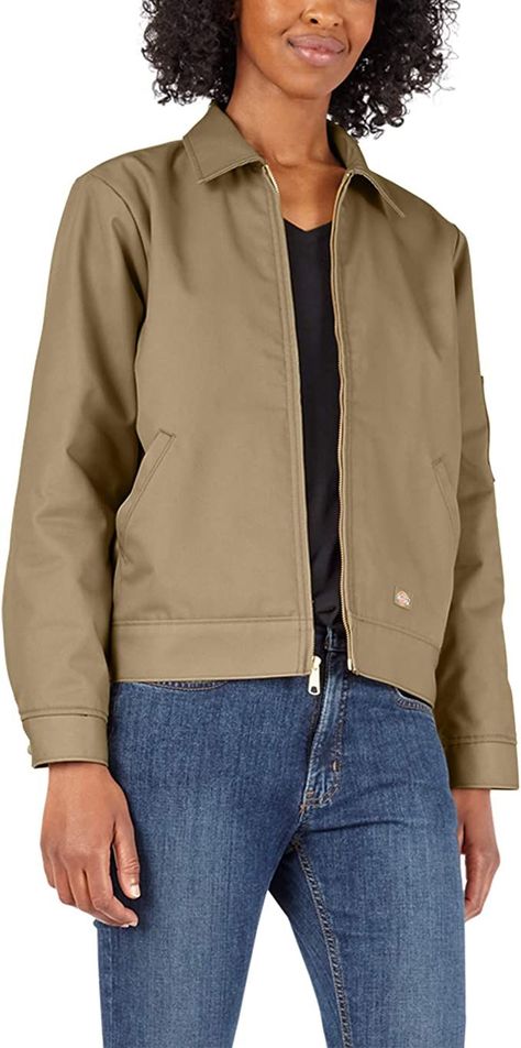 65% Polyester, 35% Cotton Imported Zipper closure Machine Wash Dickies iconic Eisenhower Jacket featuring insulated interior and waterproof exterior Zipper closure Polyurethane coating Pocket sleeve Interior pocket Dickies Jacket Outfit, Eisenhower Jacket, Dickies Jacket, Dickies Women, Types Of Jackets, Sign Off, Work Jackets, Womens Fleece, Khaki Color