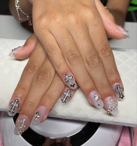 milky white gel x Cross Charm Nails, Charm Nails, Milky White, Cross Charms, Nail Inspo, Nails, White