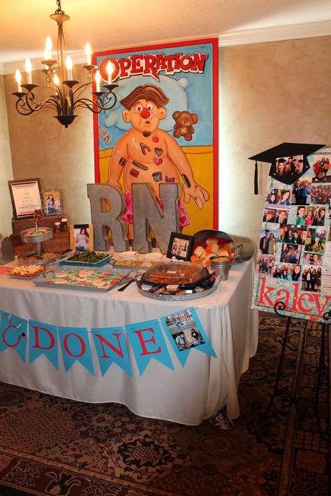 Nursing school graduation party: buffet table; big RN letters; Operation game board painted on foam board; I'm Done banner Crna Graduation, Graduation Party Buffet, Md Graduation, Medical School Graduation Party Ideas, Info Table, Retirement Nurse, Nurse Grad Parties, Nurse Graduation Party Decorations, Nursing Party