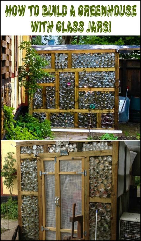 We think this is a great idea since you can even use the largest glass jars to start some seeds -- mini greenhouses in a greenhouse! Do you want to have one in your backyard? Upcycled Shed Ideas, Greenhouse Made From Old Doors, Scrap Greenhouse, Upcycled Greenhouse Ideas, Reclaimed Greenhouse Ideas, Large Glass Bottle Ideas, Recycled Glass Greenhouse, Glass Jar Greenhouse, Glass Block Greenhouse