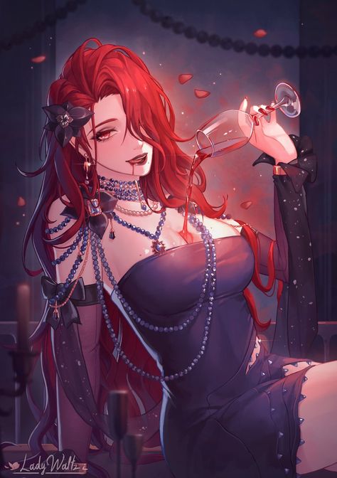 Vampire Queen Outfit, Vampire Female Oc, Vampire Female Character Design, Red Haired Woman Art, Dhampir Female, Vampire Female Art, Female Vampire Oc, Red Hair Female Character Art, Vampire Oc Female Art