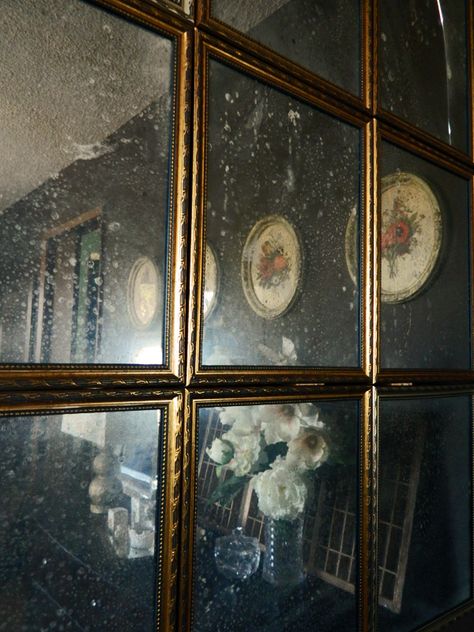 DIY Multi Pane Antique Mirror Antiqued Mirror Wall, Dining Room Mirror Wall, Krylon Looking Glass, Antique Mirror Diy, Antique Mirror Tiles, Bourbon Room, Mercury Glass Diy, Antique Mirror Glass, Mirror Dining Room