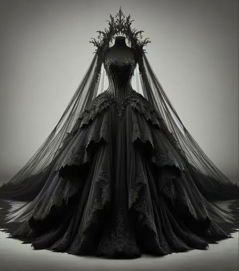 Victorian Wedding Dress Black, Black Dress Fantasy Gowns, Black Princess Dress Fairytale, Vampire Queen Dress, Black Wedding Dresses Gothic, Goth Ball Gown, Dark Fantasy Gown, Dark Gown, Evil Queen Dress