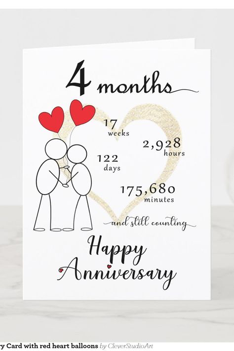 4 Month Anniversary Card with red heart balloons 5 Month Anniversary, 4 Month Anniversary, 3 Month Anniversary, Red Heart Balloons, 1st Anniversary Cards, Month Anniversary, Anniversary Cards For Boyfriend, Anniversary Cards For Wife, Anniversary Cards For Husband