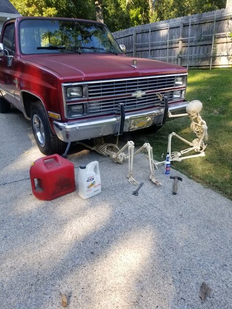 Skeleton Scene Ideas, Truck Halloween Decorations, Posable Skeleton Ideas Outside, Skeleton Ideas For Halloween, Poseable Skeleton Ideas, Funny Outdoor Skeleton Display, Florida Halloween, Funny Skeleton Lawn Decorations, Seasons Decorations