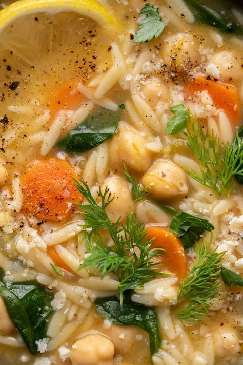 Lemon Chickpea Orzo Soup (Vegan Avgolemono) Healthy Lemon Orzo Soup, Healthy Lemon Soup, Lemon Chicken Orzo Soup With Kale, Soup Recipes With Orzo, Vegan Orzo Soup, Vegan Avgolemono, Greek Lemon Orzo Soup, Orzo Soup Vegan, Chickpea Orzo Soup