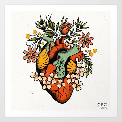 Anatomical Heart With Flowers Tattoo, Heart With Flowers Tattoo, Anatomical Heart With Flowers, Heart Flower Tattoo, Anatomical Heart Art, Heart With Flowers, Flores Tattoo, Anatomical Heart Tattoo, Flash Design