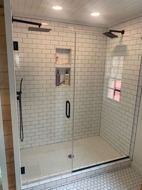 Shower Remodel Double Shower Head, Walk In Shower With Two Shower Heads, Double Shower Head Master Baths, Double Shower Heads, Bathroom Shower Doors, House Makeover, Shower Floor Tile, Double Shower, Master Bath Remodel