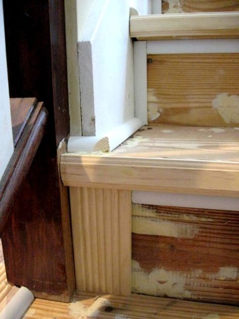 Using molding to fix stairs, then paint Trim Around Stairs, Stair Molding Trim, Stair Skirting Ideas, Molding On Stairs, Staircase Update, Stairs Painting, Removing Carpet From Stairs, Staircase Molding, Stairs Skirting