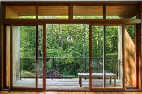 Lake House | ARCHITECTUREFIRM | Archinect Wooden Glass Door, House Slide, Sleeping Porch, Hillside House, Farmhouse Windows, House Window, Entry Gates, Commercial Architecture, Entry Hall