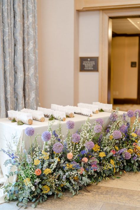 Floral Hedge, Rustic Wildflower Wedding, Purple Delphinium, Yellow Yarrow, Peach Dahlia, Orange Purple Wedding, Purple Allium, White Delphinium, Top Table Flowers