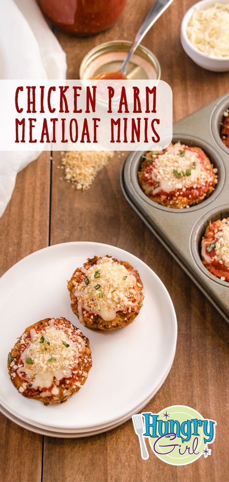 Chicken Parm Meatloaf Minis + More Healthy Muffin Pan Meatloaf Recipes | Hungry Girl Muffin Pan Meatloaf Recipes, Muffin Pan Meatloaf, Pan Meatloaf, Tartiflette Recipe, Chicken Meatloaf, Healthy Muffin, Hungry Girl Recipes, Chicken Parm, Hungry Girl