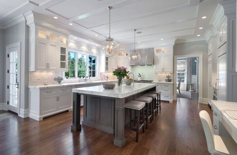 White Kitchen Cabinets with Gray Kitchen Island, Transitional, Kitchen, Blue Water Home Builders Wood Floor Design, Серая Кухня, Grey Kitchen Island, Kitchen Desks, Herringbone Backsplash, Kitchen Cabinets Makeover, Wooden Floors, White Kitchen Design, Transitional Kitchen